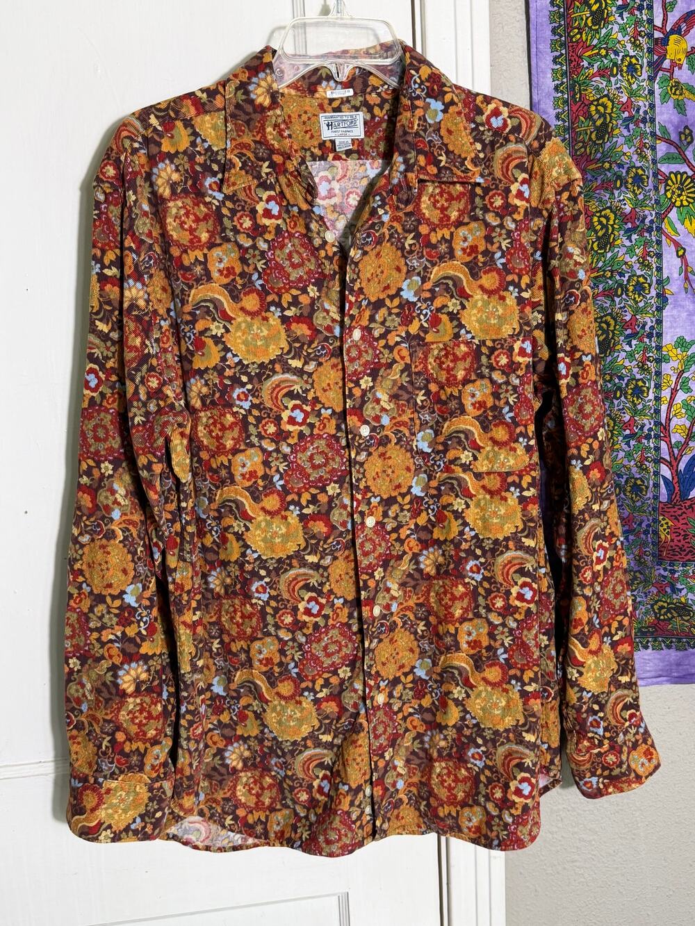 Hartford Floral Paisley Corduroy Button Up Shirt Womens Large Brown Boho Cotton